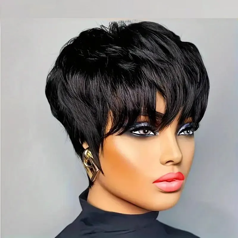Pixie Cut Bob Wig with Bangs – 9A Brazilian Human Hair, Machine Made